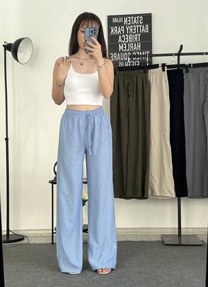 Beli Lastikli Bol Paça Keten Pantolon Bebek Mavisi