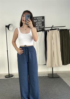 Beli Lastikli Bol Paça Keten Pantolon Lacivert 