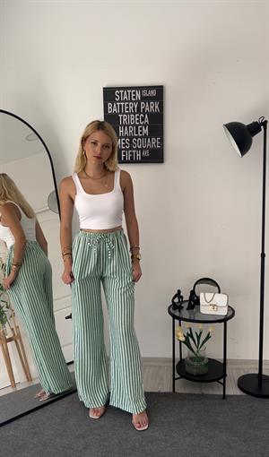 Beli Lastikli Bol Paça Keten Pantolon Çizgili Yeşil