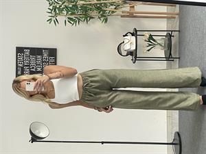 Beli Lastikli Bol Paça Keten Pantolon Yeşil