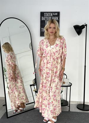 Beli Lastikli Çiçek Desenli Elbise Pembe