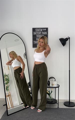 Beli Lastikli Gabardin Kumaş Pantolon Bol Paça  Palazzo Haki