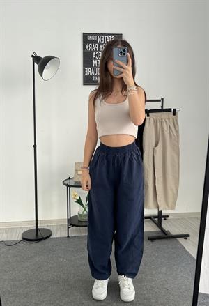 Beli Lastikli Gabardin Kumaş Şalvar Pantolon Lacivert 