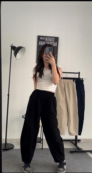 Beli Lastikli Gabardin Kumaş Şalvar Pantolon Siyah 