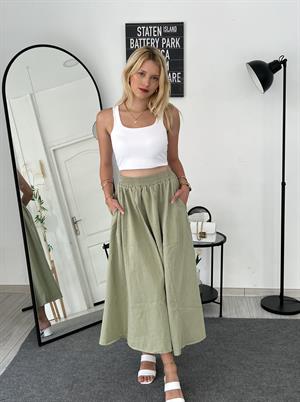 Beli Lastikli Kloş Etek Haki