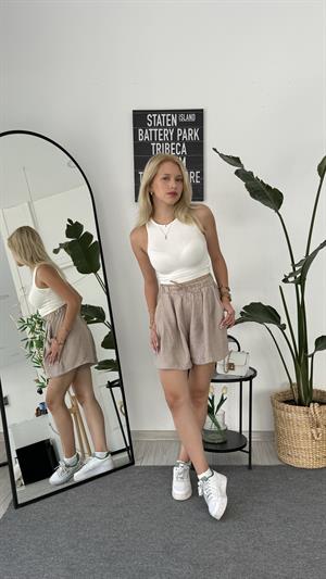 Beli Lastikli Palazzo Şort Taş