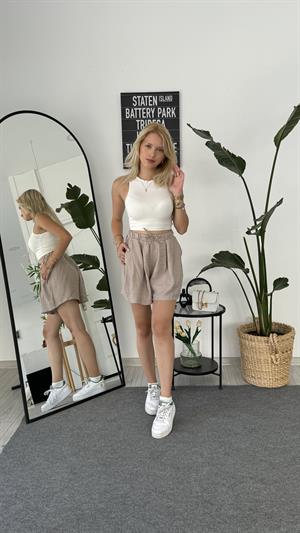 Beli Lastikli Palazzo Şort Taş