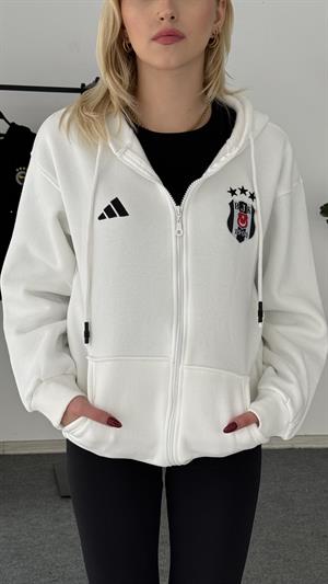 Beşiktaş Armalı Üç İplik Şardonlu Fermuarlı Sweat Beyaz