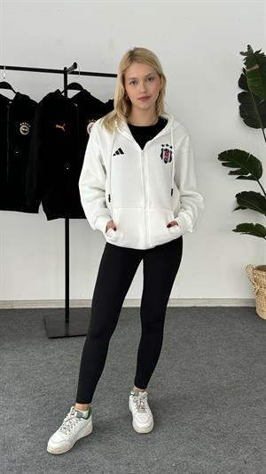 Beşiktaş Armalı Üç İplik Şardonlu Fermuarlı Sweat Beyaz