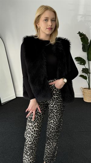 Bisiklet Yaka Peluş Kolsuz Kürk Siyah