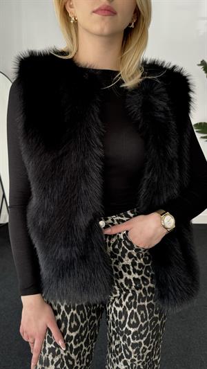 Bisiklet Yaka Peluş Kolsuz Kürk Siyah