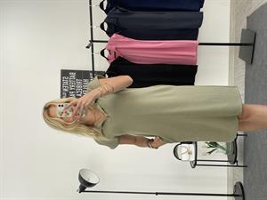 Bol Kesim Cepli Polo Yaka Modal Kumaş Kısa Kol Midi Boy Elbise Haki