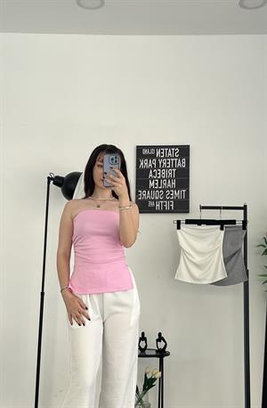 Büzgülü Kalın Streç Yanı Yırtmaclı Büstiyer Pembe