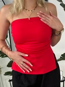 Büzgülü Kalın Streç Yanı Yırtmaclı Büstiyer Kırmızı 