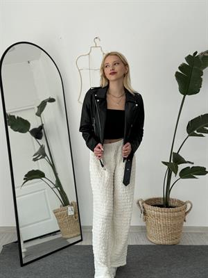 Cep Ve Kemer Detaylı Deri Ceket Siyah