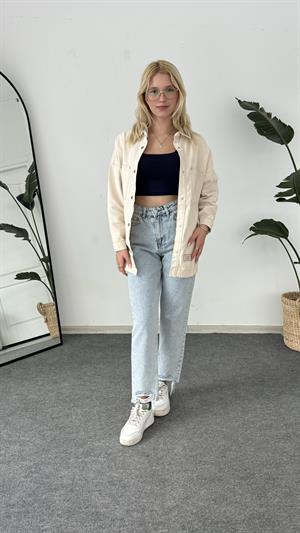 Cep Ve Nakış Detaylı Kot Ceket Krem 