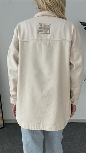 Cep Ve Nakış Detaylı Kot Ceket Krem 