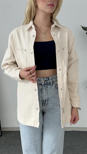 Cep Ve Nakış Detaylı Kot Ceket Krem 