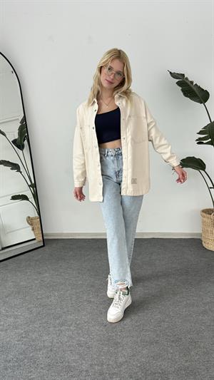 Cep Ve Nakış Detaylı Kot Ceket Krem 