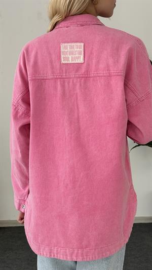 Cep Ve Nakış Detaylı Kot Ceket Pembe