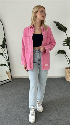 Cep Ve Nakış Detaylı Kot Ceket Pembe