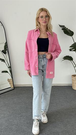 Cep Ve Nakış Detaylı Kot Ceket Pembe