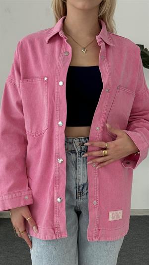 Cep Ve Nakış Detaylı Kot Ceket Pembe