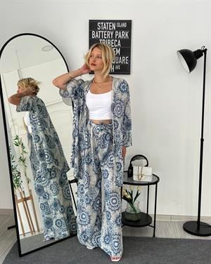 Çiçek Desenli Viskon Kimono Takım Mavi