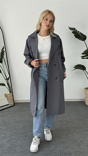 Çift Düğmeli Kemer Detaylı Trençkot Antrasit