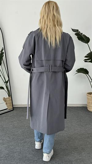 Çift Düğmeli Kemer Detaylı Trençkot Antrasit