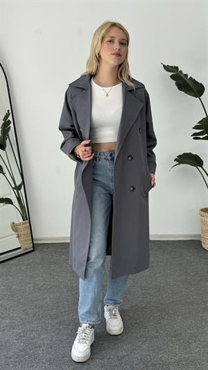 Çift Düğmeli Kemer Detaylı Trençkot Antrasit