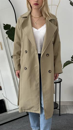 Çift Düğmeli Kemer Detaylı Trençkot Haki