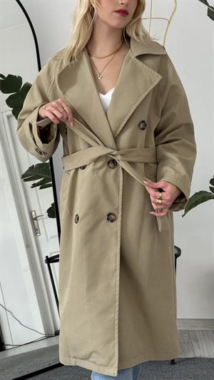 Çift Düğmeli Kemer Detaylı Trençkot Haki