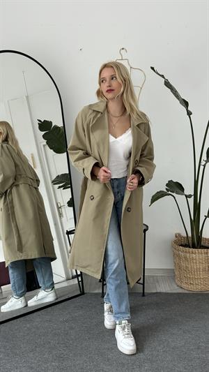 Çift Düğmeli Kemer Detaylı Trençkot Haki