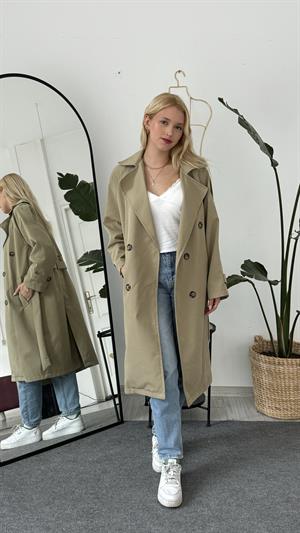 Çift Düğmeli Kemer Detaylı Trençkot Haki