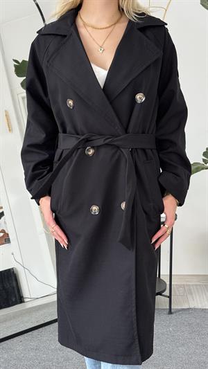 Çift Düğmeli Kemer Detaylı Trençkot  Siyah 
