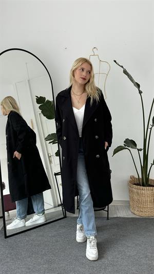 Çift Düğmeli Kemer Detaylı Trençkot  Siyah 