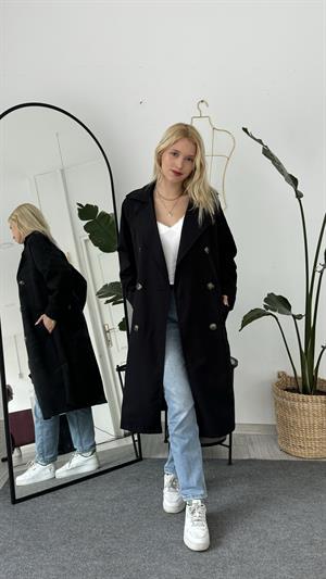 Çift Düğmeli Kemer Detaylı Trençkot  Siyah 