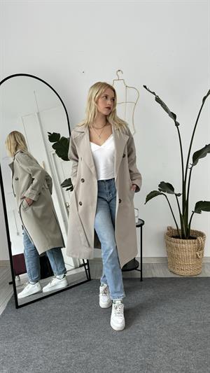 Çift Düğmeli Kemer Detaylı Trençkot Taş