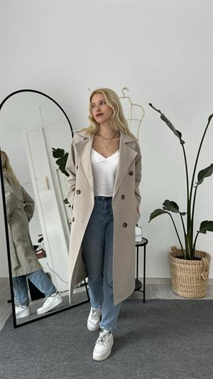 Çift Düğmeli Kemer Detaylı Trençkot Taş