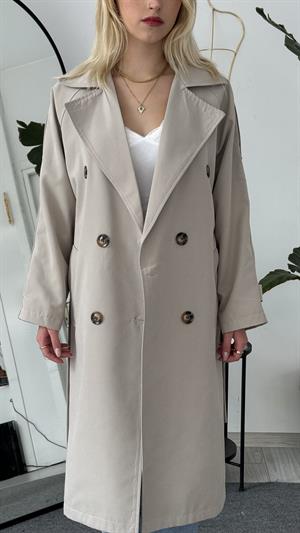 Çift Düğmeli Kemer Detaylı Trençkot Taş