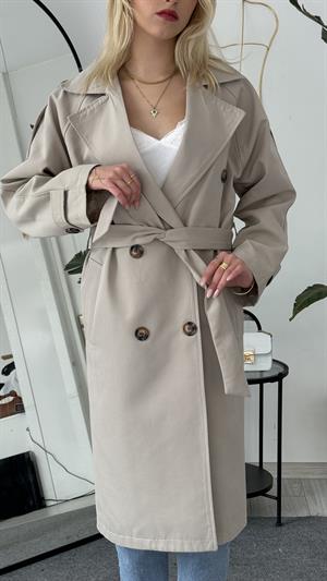 Çift Düğmeli Kemer Detaylı Trençkot Taş