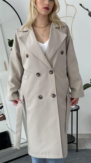 Çift Düğmeli Kemer Detaylı Trençkot Taş