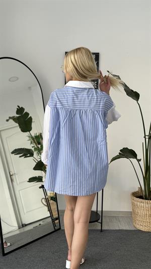 Çizgili Bağlama Detaylı Gömlek Mavi