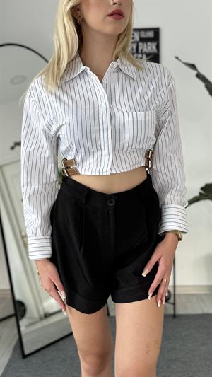 Çizgili İki Yanı Toka Detaylı Crop Beyaz