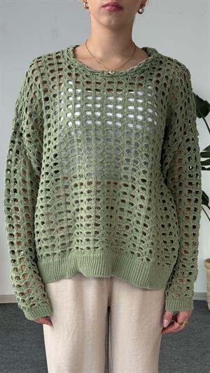 Delikli Örme Kazak Yeşil