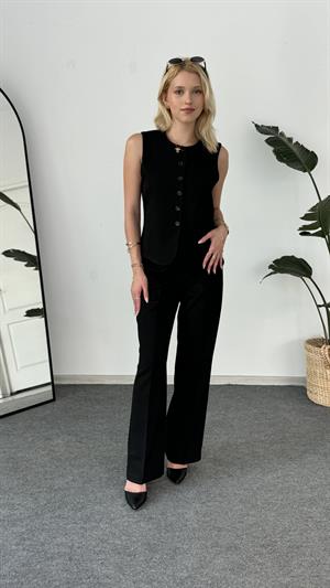 Dokuma Kumaş Yüksek Bel Kancalı Pantolon Takım Siyah 