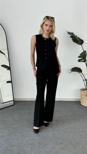 Dokuma Kumaş Yüksek Bel Kancalı Pantolon Takım Siyah 