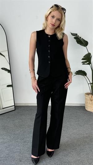 Dokuma Kumaş Yüksek Bel Kancalı Pantolon Takım Siyah 