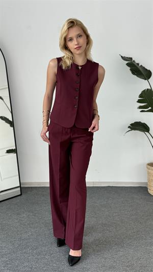Dokuma Kumaş Yüksek Bel Kancalı Pantolon Takım Bordo